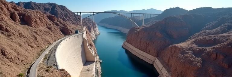 Vista aérea de una gran presa de embalse de hormigón en un valle montañoso, con un lago azul detrás.
