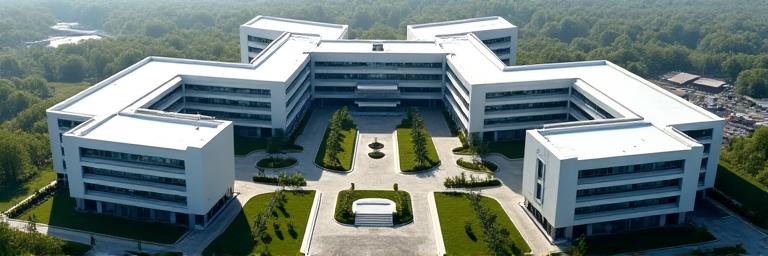Vista aérea de un moderno complejo hospitalario con múltiples edificios y helipuerto en un entorno urbano.