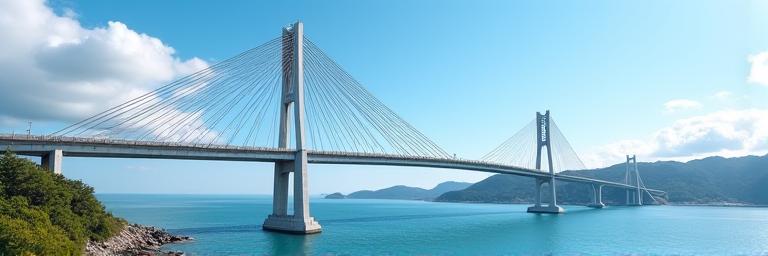 Imagen de un moderno puente atirantado que atraviesa un canal marítimo hacia una isla