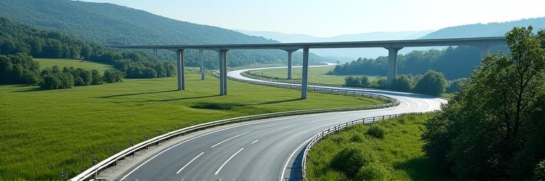 Una moderna autopista de múltiples carriles que serpentea a través de un paisaje rural verde, con un viaducto en la distancia.