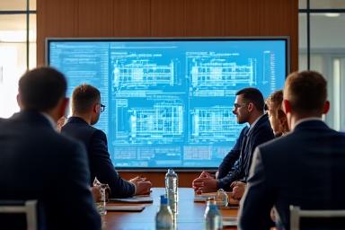 Grupo de profesionales discutiendo un plano o un esquema de infraestructura en una sala de reuniones moderna, con elementos gráficos de análisis.