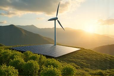 Paneles solares y turbinas eólicas en un paisaje natural con vegetación, simbolizando energía renovable y desarrollo sostenible.