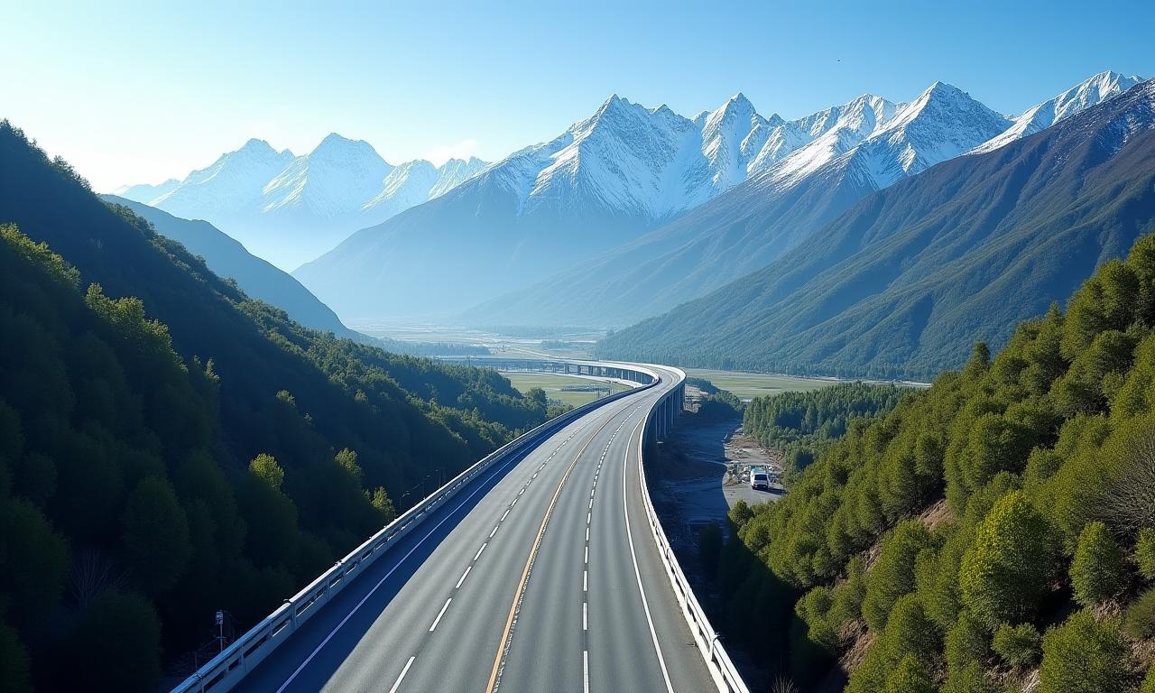 Vista aérea de una moderna autopista serpenteando a través de un paisaje chileno, con montañas y vegetación exuberante, simbolizando el desarrollo de infraestructura.